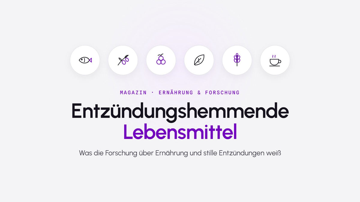 Grafik mit Symbolen für Fisch, Oliven, Beeren, Blattgemüse, Getreide und Tee zum Thema entzündungshemmende Lebensmittel