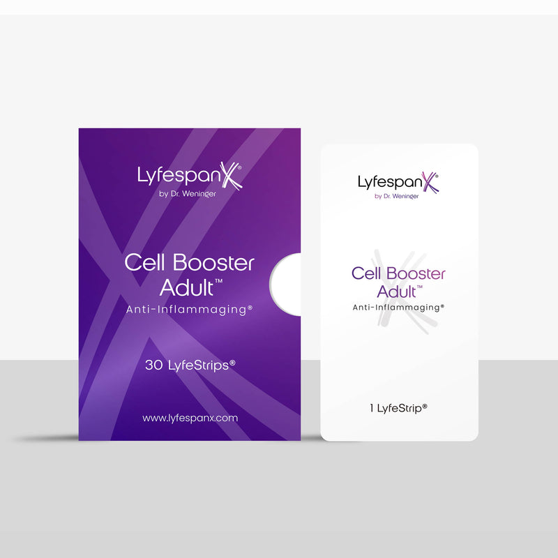 Verpackung Cell Booster Adult™ LyfeStrips® mit 30 Strips und einzelnem LyfeStrip® von LyfespanX®