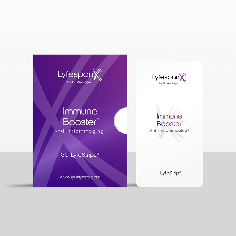 Verpackung Immune Booster™ LyfeStrips® mit 30 Strips und einzelnem LyfeStrip® von LyfespanX®