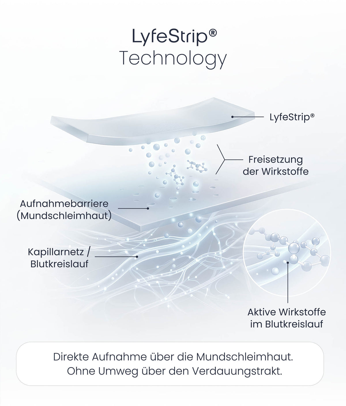 Infografik LyfeStrip® Technology: schematische Darstellung, wie sich der Strip im Mund auflöst