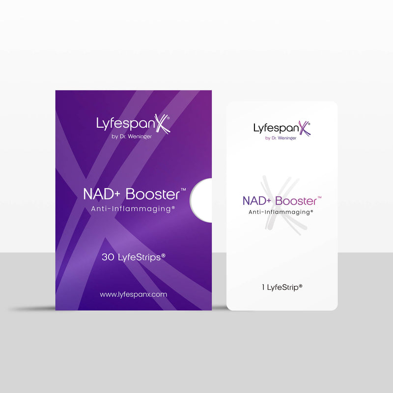 Verpackung NAD+ Booster™ LyfeStrips® mit 30 Strips und einzelnem LyfeStrip® von LyfespanX®